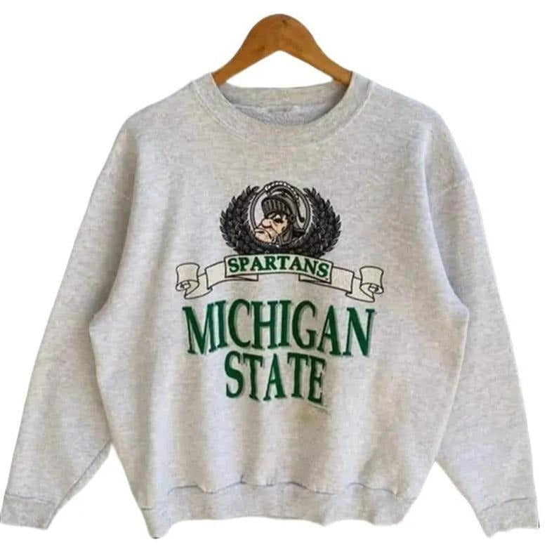Unisex Vintage 90s Michigan State Crewneck Sweatshirt, Fan Gift Cotton Fabric Pullover Hoodie