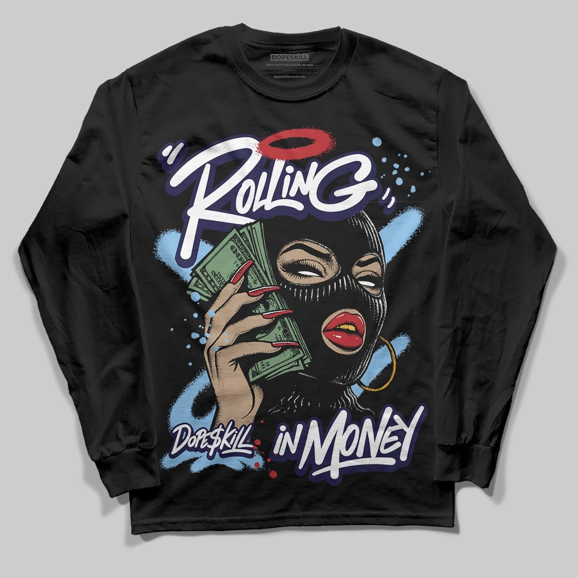 University Blue Collection DopeSkill Long Sleeve T-Shirt Rolling in Money Graphic
