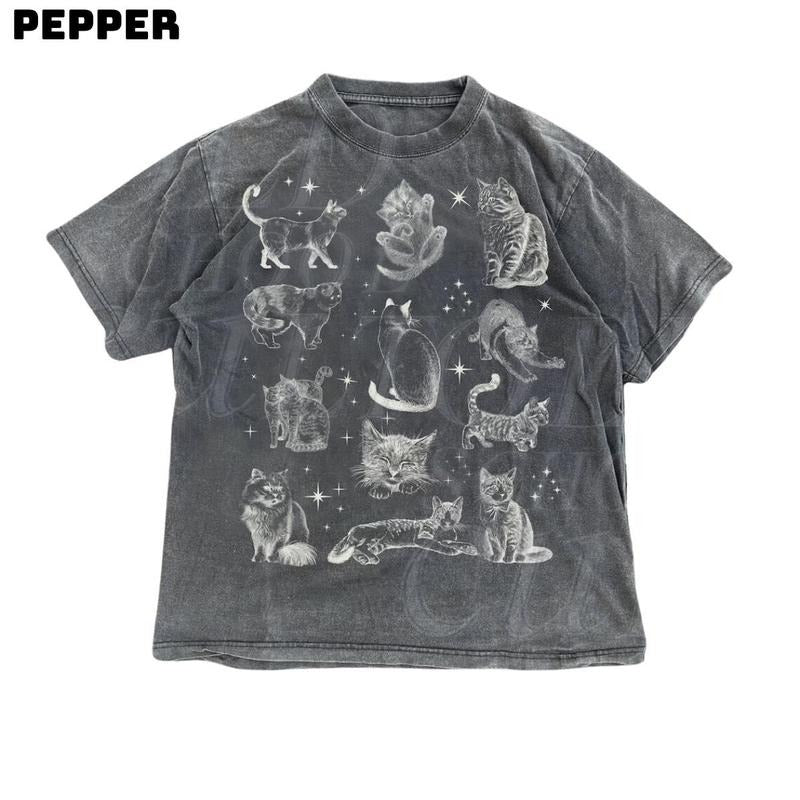 Vintage 90s Tattoo Cat Tshirt, Retro Kitten Nature Shirt, Cat Lovers Gift, Cats In Space Unisex Relaxed Adult Graphic Tee, Funny Gifts Menswear Top