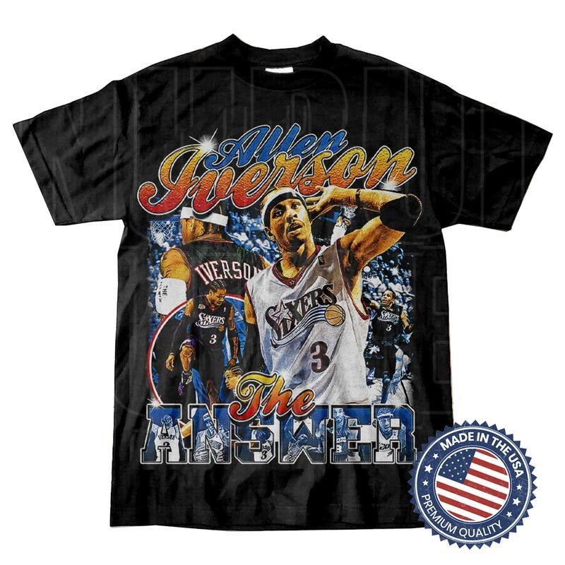 Vintage Allen Iverson T-Shirt, the Answer, Sport Tee, Basketball Player, Vintage 90's Graphic Tee, Rap Hip Hop Round Neck Casual Cotton Man Fabric Menswear Soft Top Classic Fitted