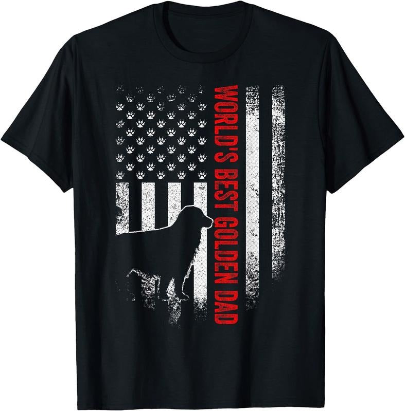 Vintage American Flag World's Best Golden Retriever Dad  Unisex T-Shirt Sweatshirt Hoodie Crewneck Casual Shortsleeve Tshirt Classic Cotton