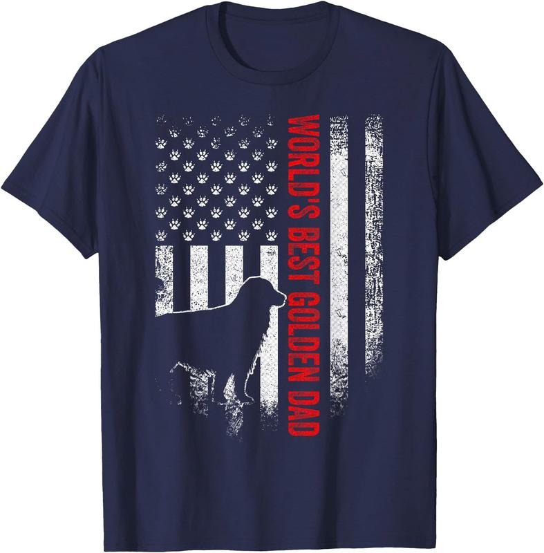 Vintage American Flag World's Best Golden Retriever Dad  Unisex T-Shirt Sweatshirt Hoodie Crewneck Casual Shortsleeve Tshirt Classic Cotton