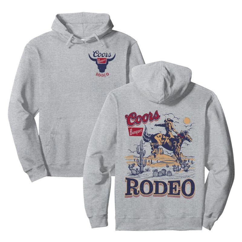 Vintage Cowhide Riding Coors Cowboys Western Country Rodeo 2 Sided Pullover Hoodie Full Color, Coors Banquet Rodeo Vintage Sweatshirt Western Cowboy T