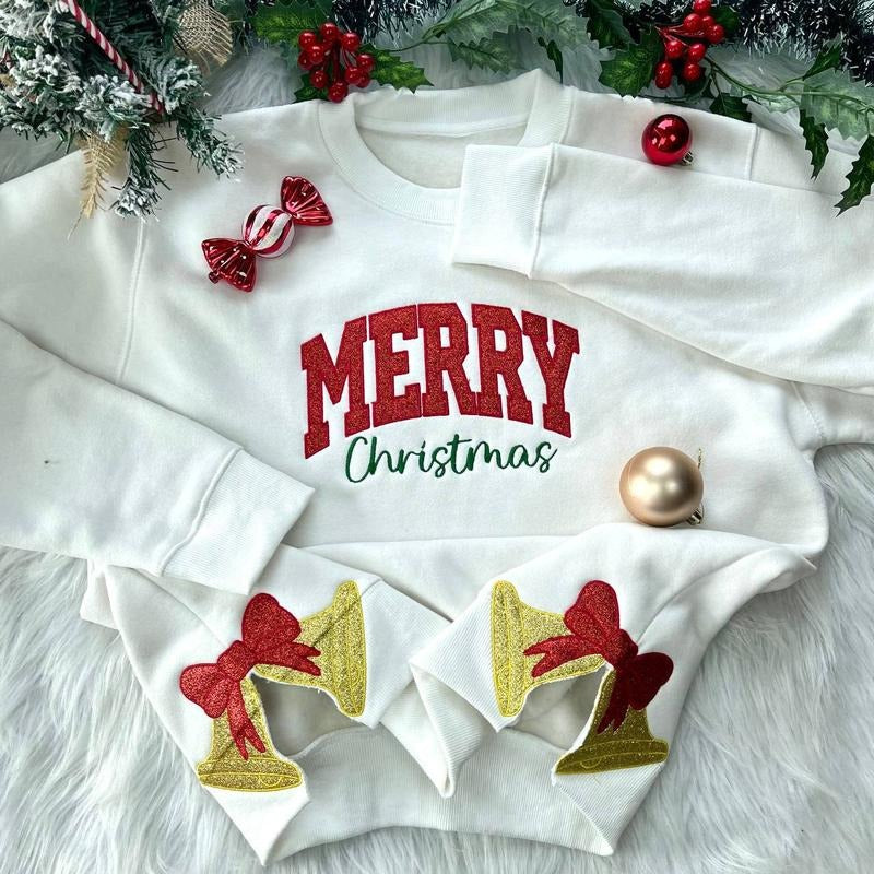 Vintage Glitter Side Bow Merry Christmas Embroidered Sweatshirt, Christmas Hoodie For Women