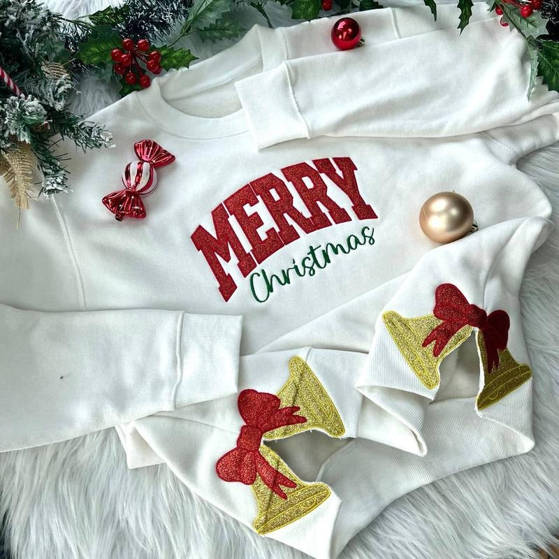 Vintage Glitter Side Bow Merry Christmas Embroidered Sweatshirt, Christmas Hoodie For Women