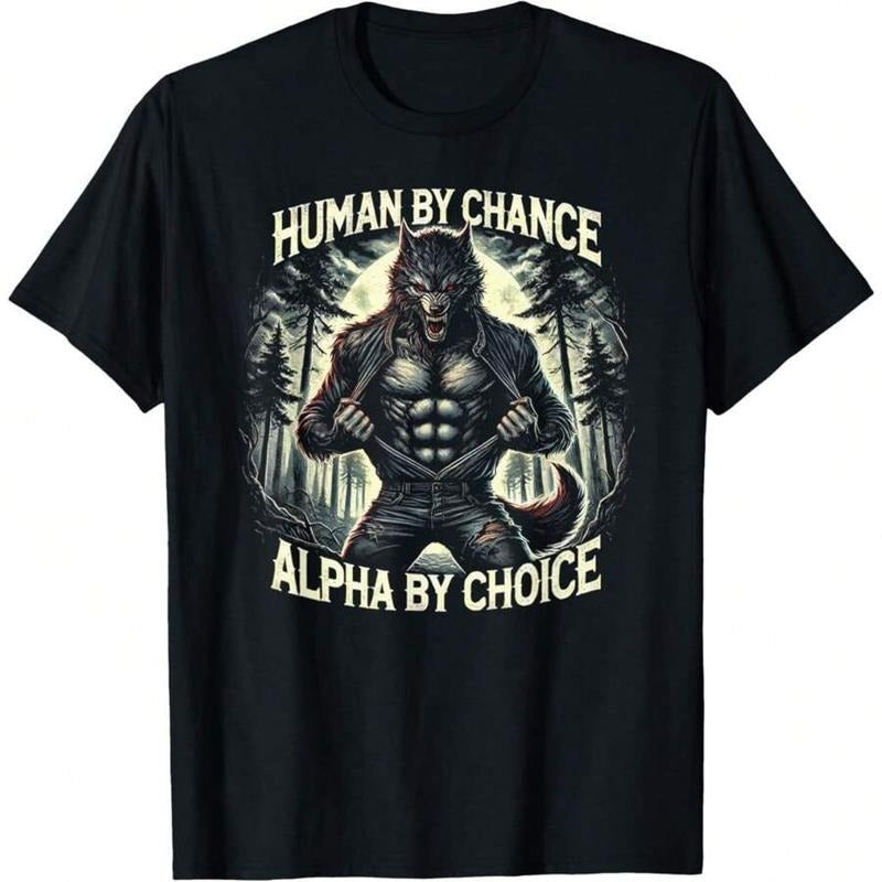 Vintage Graphic Tee Human By Chance Alpha By Choice Alpha Wolf T-Shirt T-Shirt Soft Fabric, Breathable, Short Sleeve T-Shirts ,funny graphic tees Top