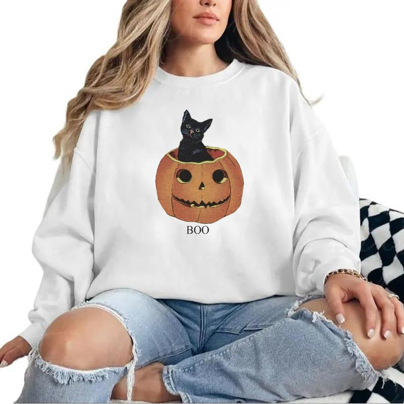 Vintage Halloween, Pumpkin sweatshirt, Black cat print, Mommy and me Hoodie Cotton Womenswear Crewneck
