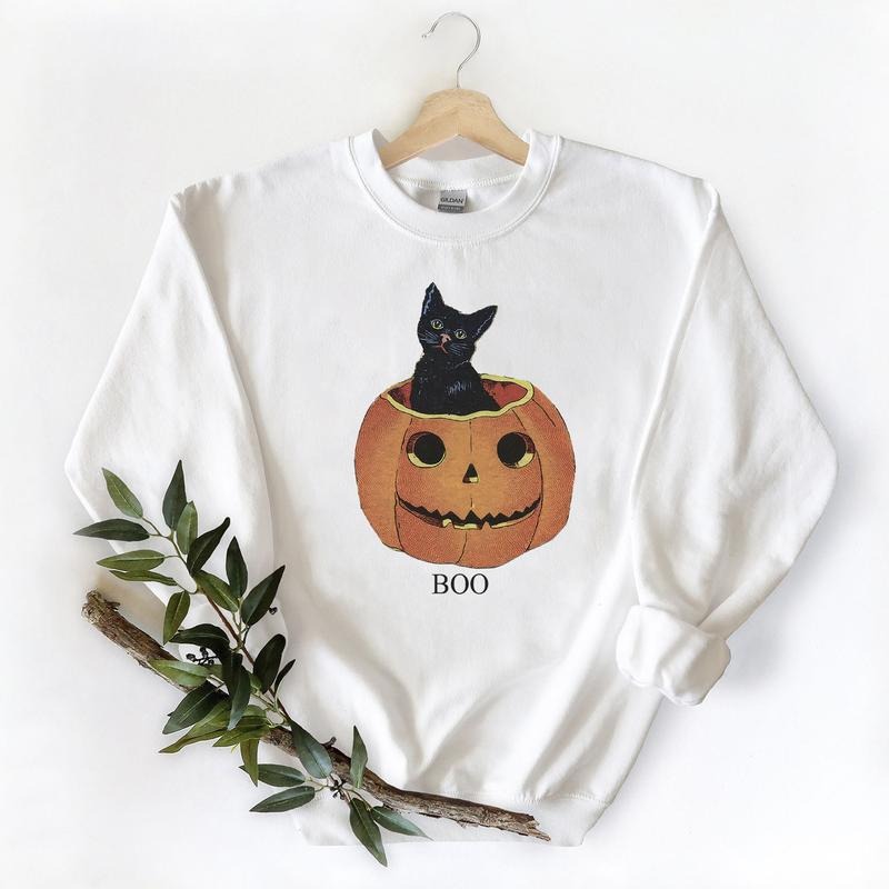 Vintage Halloween, Pumpkin sweatshirt, Black cat print, Mommy and me Hoodie Cotton Womenswear Crewneck