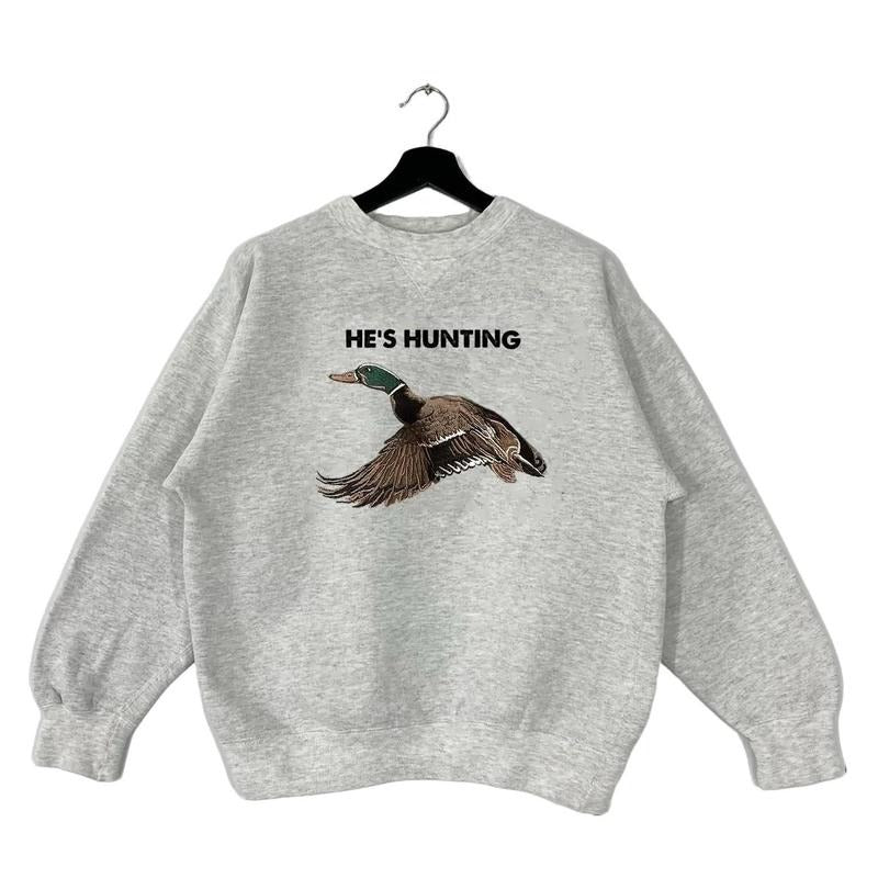 Vintage He Is Hunting Mallard Duck Wildlife T-shirt Unisex 90s Sweatshirt Pullover, Hunting Season , hoodie Cotton Fabric Menswear