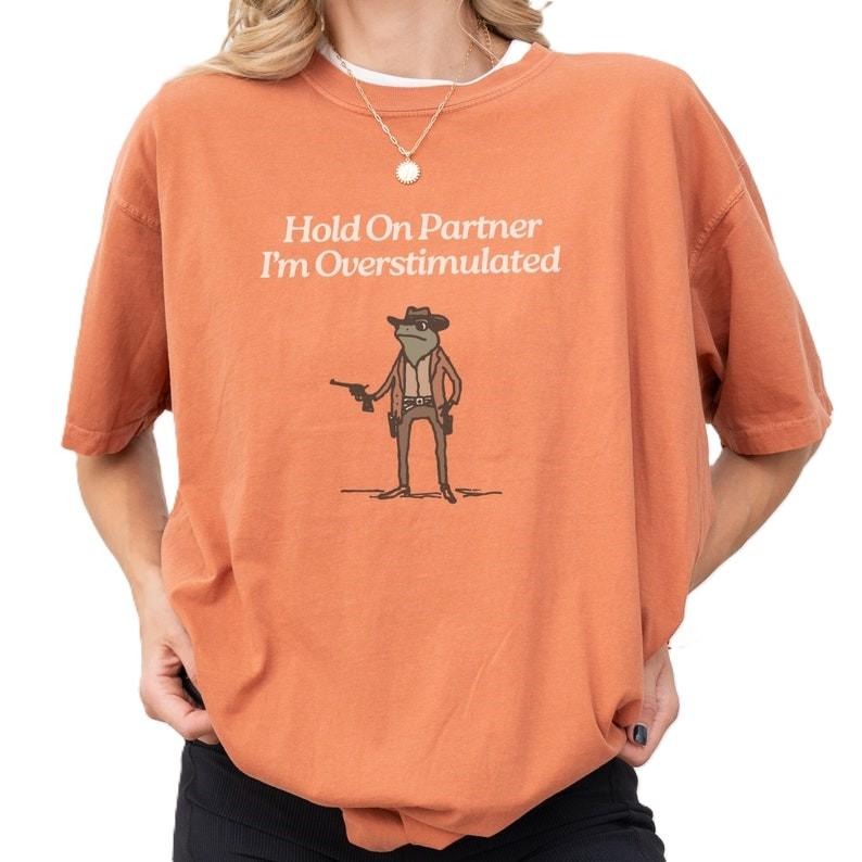 Vintage Hold On Partner I'm Overstimulated T-Shirt, Retro Cowboy Frog Tee, Weirdcore Clothing Gen Z T-Shirt, Weird Funny Tee, Graphic Tees