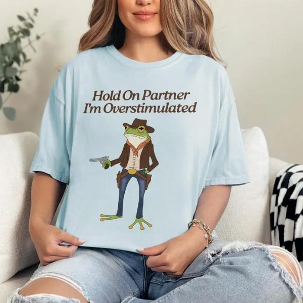 Vintage Hold On Partner I'm Overstimulated T-Shirt, Retro Cowboy Frog Tee, Weirdcore Clothing Gen Z T-Shirt, Weird Funny Tee, Graphic Tees style 002