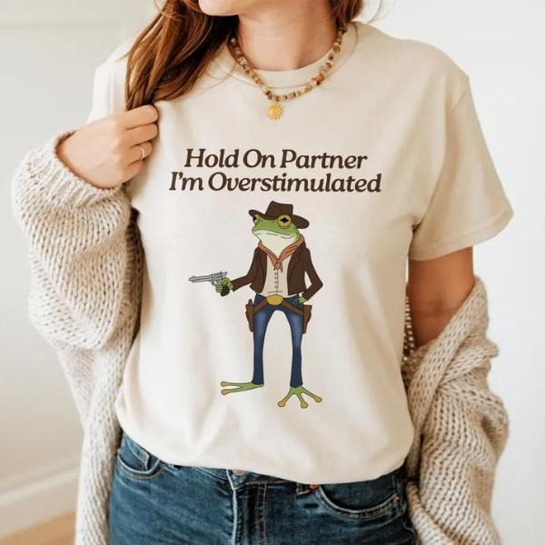 Vintage Hold On Partner I'm Overstimulated T-Shirt, Retro Cowboy Frog Tee, Weirdcore Clothing Gen Z T-Shirt, Weird Funny Tee, Graphic Tees style 002