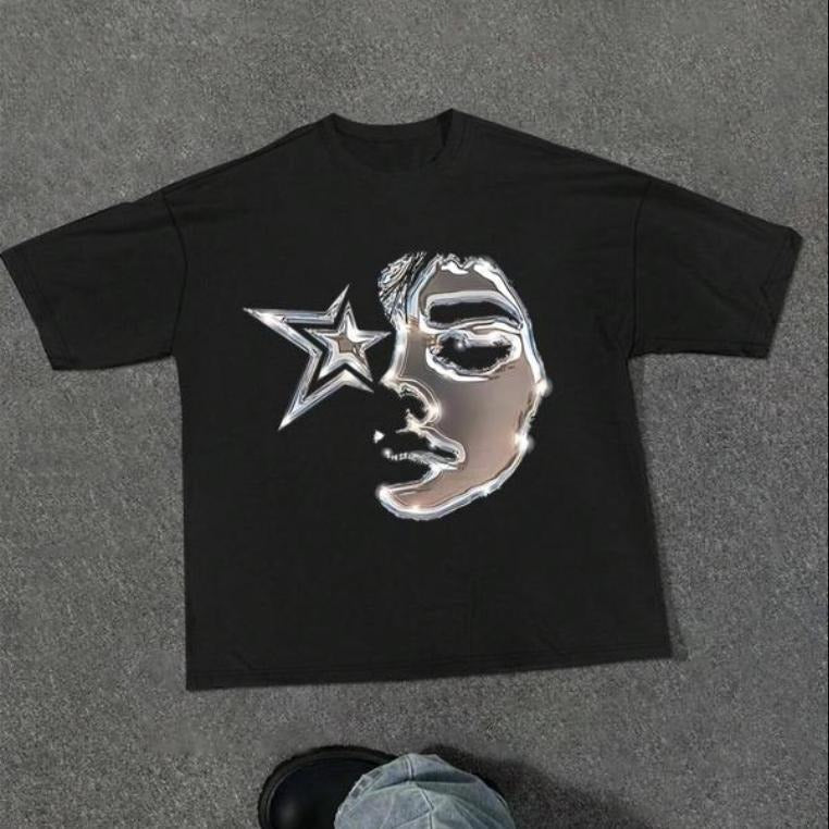 Vintage Men's Figure & Star Print Drop Shoulder Graphic Tee, Sweatshirt, Hoodie Gift For Women Top Womenswear Underwear Cotton T-Shirt Polyester Streetwear Casual