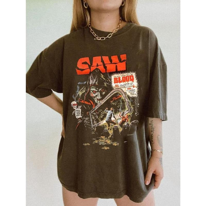 Vintage Saw Reverse Bear Trap Movie Shirt, SAW Movie Vintage 90s T Shirt, Halloween Movie Shirt, 90s Saw Horror Movie T Shirt