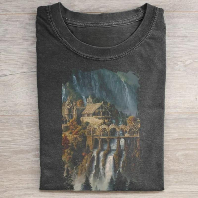 Vintage Sunset at Rivendell Graphic Tee - The Lord of The Rings Movie Shirt - LOTR - JRR Tolkien - Middle Earth - The Hobbits - Men's Top - Menswear