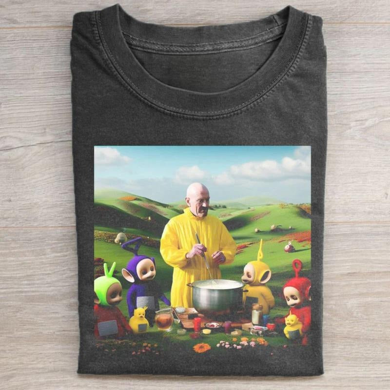 Vintage Walter White Cooking with Teletubbies Graphic Tee, Let Him Cook Funny Shirt, Breaking Bad Movie Shirt, Teletubbies Movie Shirt, Funny Graphic Tee, Movie Parody Tshirt, Movie Lovers Shirt, Cartoon Shirt
