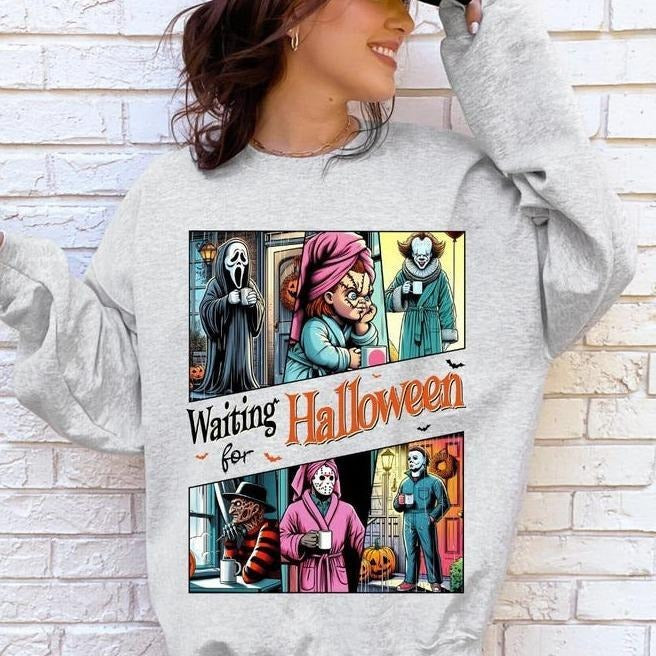Waiting For Halloween T-Shirt, Sweatshirt, Hoodie, Retro Horror Characters Halloween Shirt, Halloween Gifts Womenswear Casual