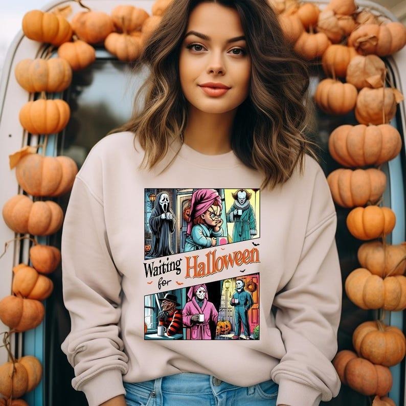 Waiting For Halloween T-Shirt, Sweatshirt, Hoodie, Retro Horror Characters Halloween Shirt, Halloween Gifts Womenswear Casual