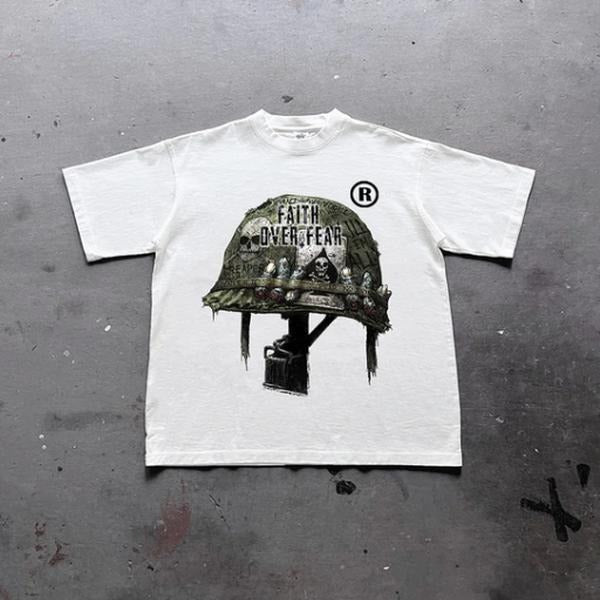War Helmet Faith Over Fear Graphic Print Cotton T-Shirt, grunge y2k emo scene tapout goth amity affliction style clothes, Unisex T-shirt1