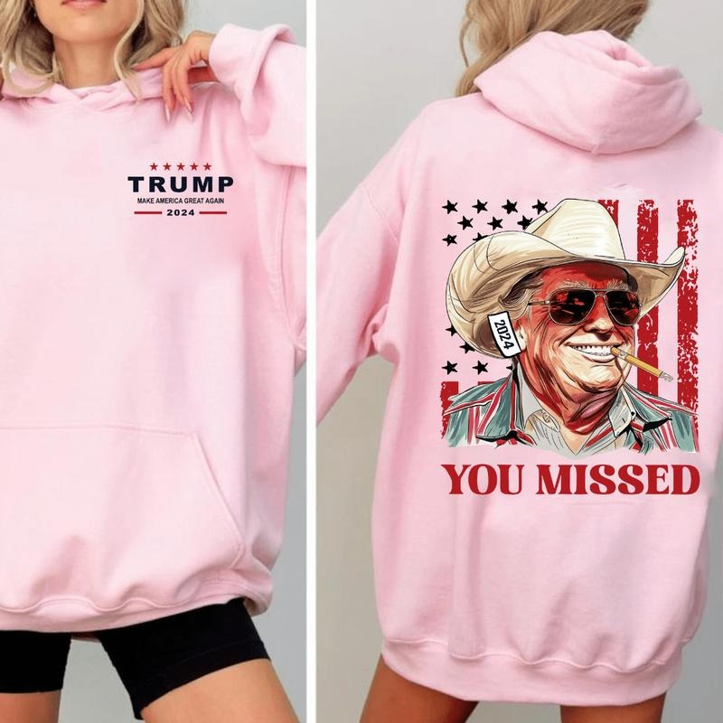 Western Trump Cowboy You Missed Flag Back Unisex Hoodie, Trump You Missed Hoodie, Trump Make America Great Shirt, Election 2024, Gifts for Trump Supporters, Graphic Hoodie Long Sleeve Gifts for Men and Women, Full Colors, Full Size Menswear Sweaters