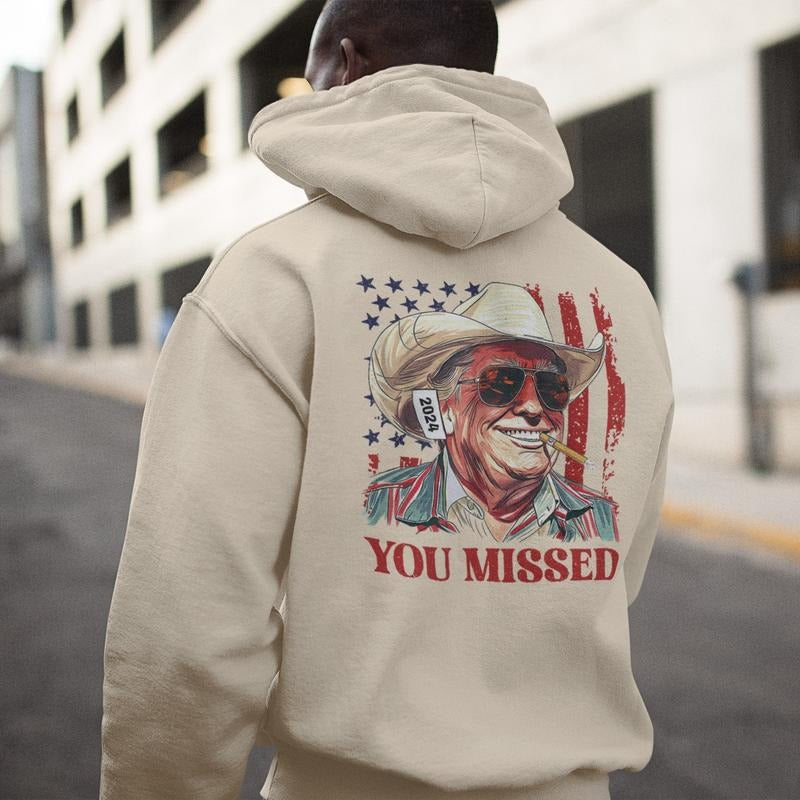 Western Trump Cowboy You Missed Flag Pullover Hoodie, 2 Side, Trendy Styles, Unisex Vintage Sweater, Multiple Colorways, Iconic Styles, Casual Fashion