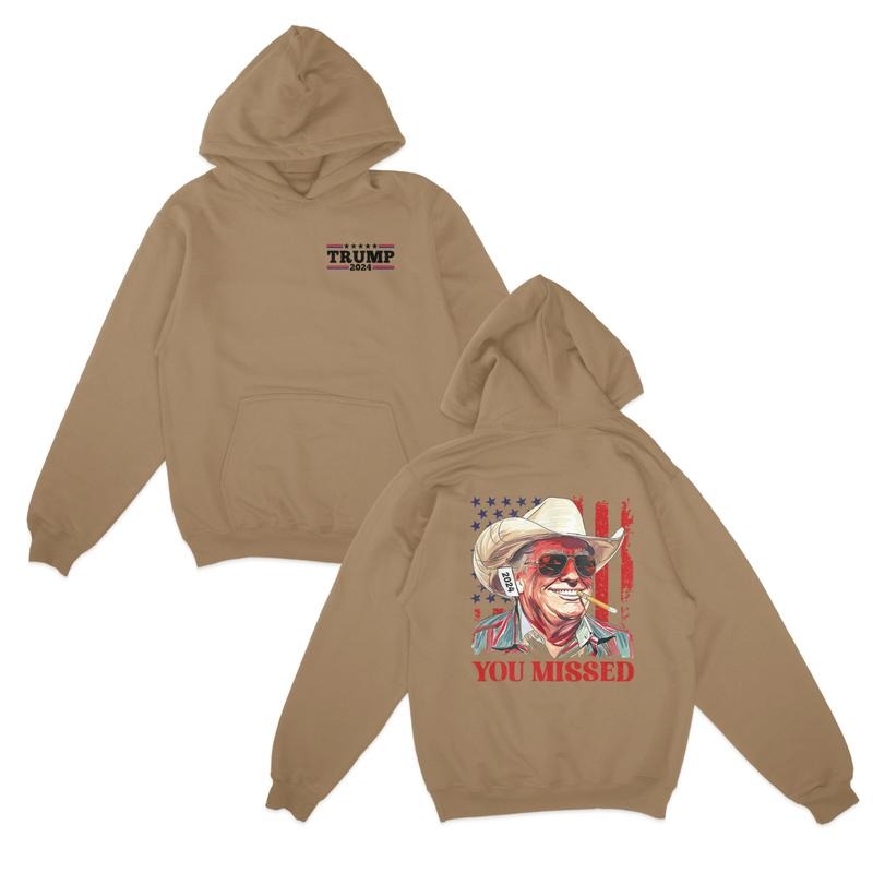 Western Trump Cowboy You Missed Flag Pullover Hoodie, 2 Side, Trendy Styles, Unisex Vintage Sweater, Multiple Colorways, Iconic Styles, Casual Fashion