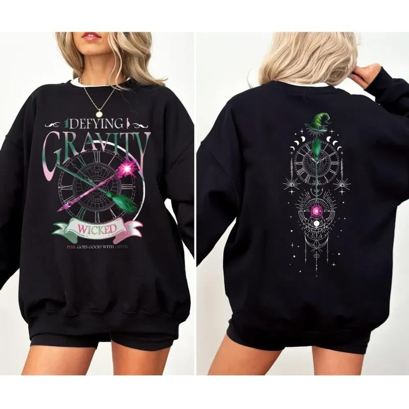 Wicked Defying Gravity Sweater 2 Sides, Pink And Green Changed For Good Crewneck, Broomstick Magic Wand Movie Fan Shirt Hoodie, Unisex Sweater
