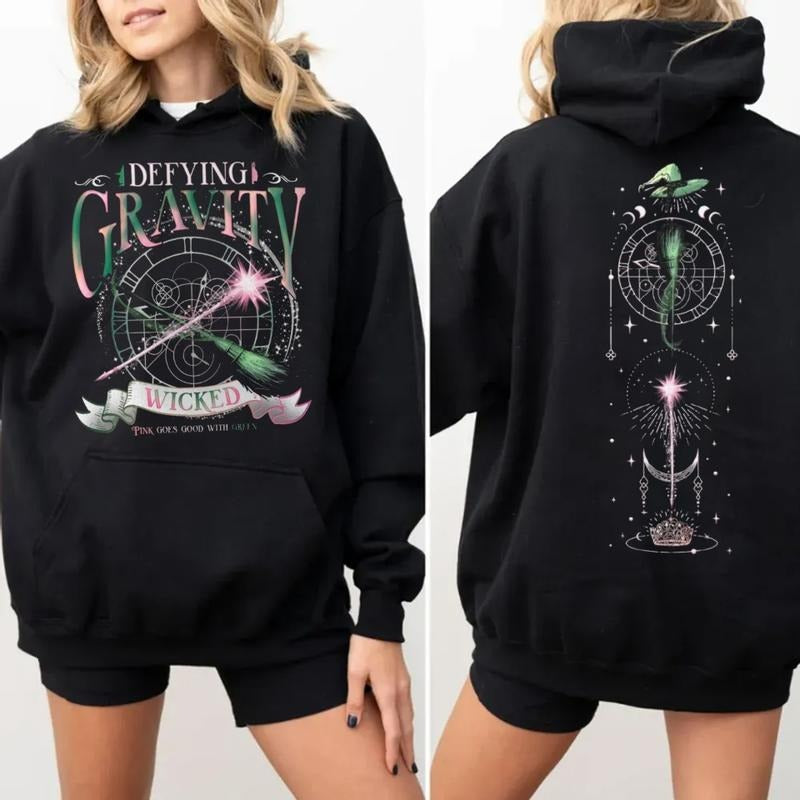 Wicked Defying Gravity Sweatshirt, Pink And Green Changed For Good Crewneck, Wicked The Musical Shirt 2 Sides, Broomstick Magic Wand Movie Fan Hoodie