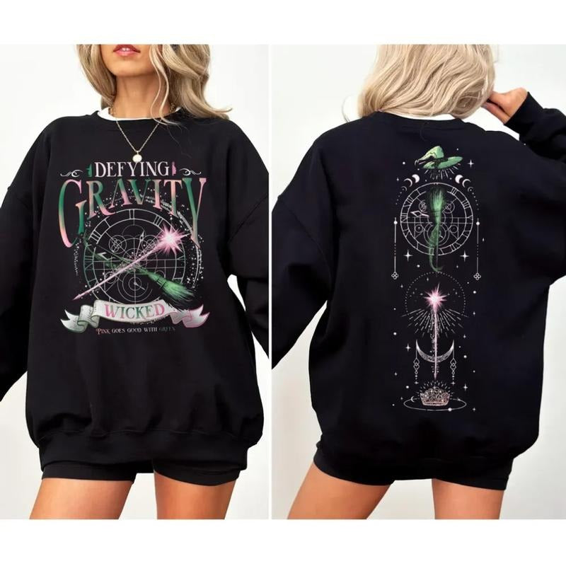 Wicked Defying Gravity Sweatshirt, Pink And Green Changed For Good Crewneck, Wicked The Musical Shirt 2 Sides, Broomstick Magic Wand Movie Fan Hoodie