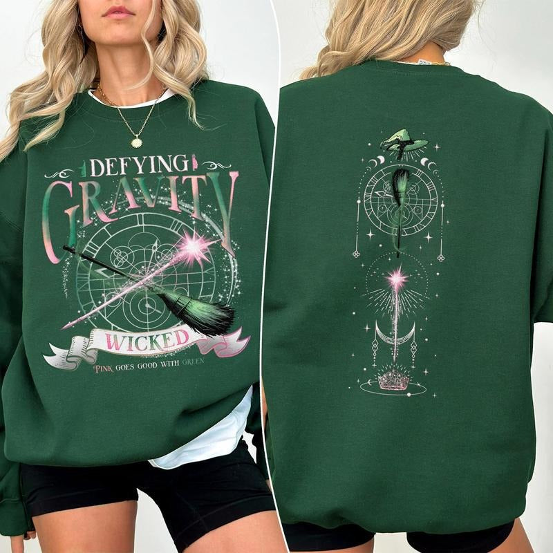 Wicked Defying Gravity Sweatshirt, Pink And Green Changed For Good Crewneck, Wicked The Musical Shirt 2 Sides, Broomstick Magic Wand Movie Fan Hoodie