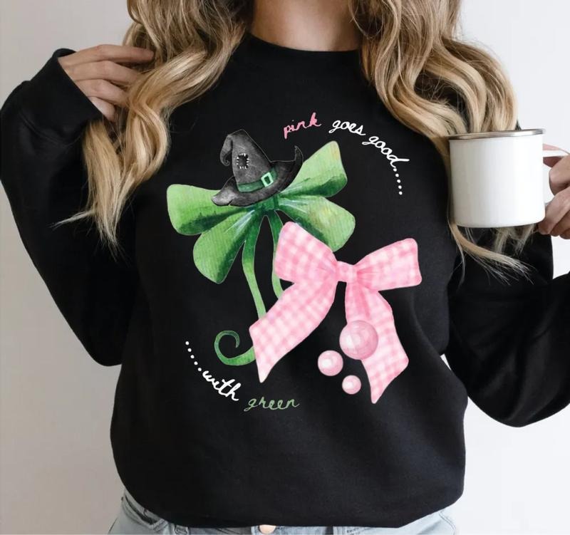 Wicked The Movie Sweatshirt, Wicked Inspired Bow Pink Goes Good With Green Broadway Movie Elphaba Glinda Coquette Shirt, Wizard Of Oz Hoodie