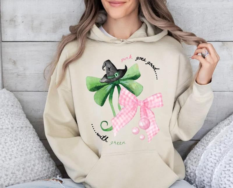 Wicked The Movie Sweatshirt, Wicked Inspired Bow Pink Goes Good With Green Broadway Movie Elphaba Glinda Coquette Shirt, Wizard Of Oz Hoodie