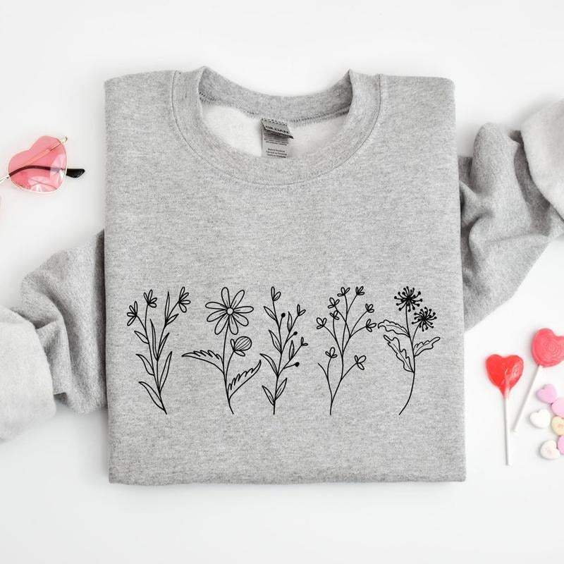 Wildflowers Sweatshirt, Flower Crewneck Pullover, Cozy Floral Sweatshirt for Women, Vintage Botanical Design, Cute Cottagecore Sweater