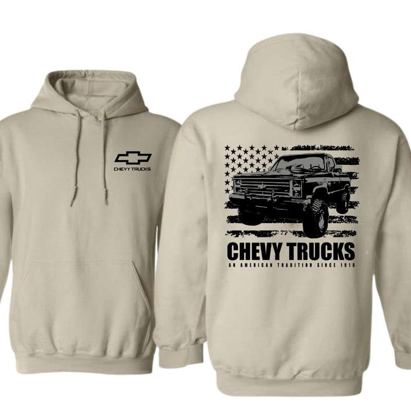 Chevy Truck Featuring American Flag 2 Sided Hoodie/Sweatshirt/T-Shirt, For Men/Women - Unisex Style, 100% Cotton, Pullover unisex hoodie