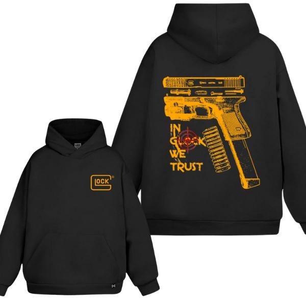 In Glock We Trust Yellow Graphic Unisex 2 Sides Hoodie/Sweatshirt/T-Shirt, For Men/Women - Unisex Style, 100% Cotton, Pullover unisex hoodie
