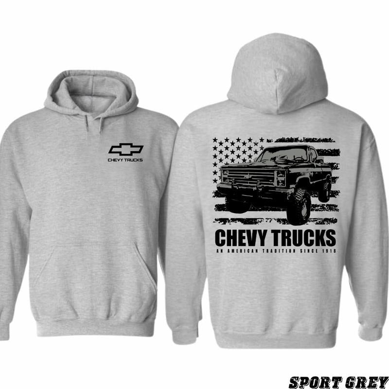 Chevy Truck Featuring American Flag 2 Sided Hoodie/Sweatshirt/T-Shirt, For Men/Women - Unisex Style, 100% Cotton, Pullover unisex hoodie