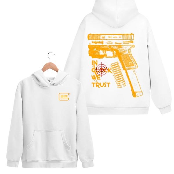 In Glock We Trust Yellow Graphic Unisex 2 Sides Hoodie/Sweatshirt/T-Shirt, For Men/Women - Unisex Style, 100% Cotton, Pullover unisex hoodie