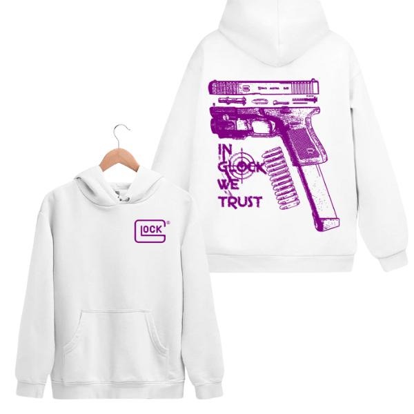 In Glock We Trust Purple Graphic 2 Sides Hoodie/Sweatshirt/T-Shirt, For Men/Women - Unisex Style, 100% Cotton, Pullover unisex hoodie