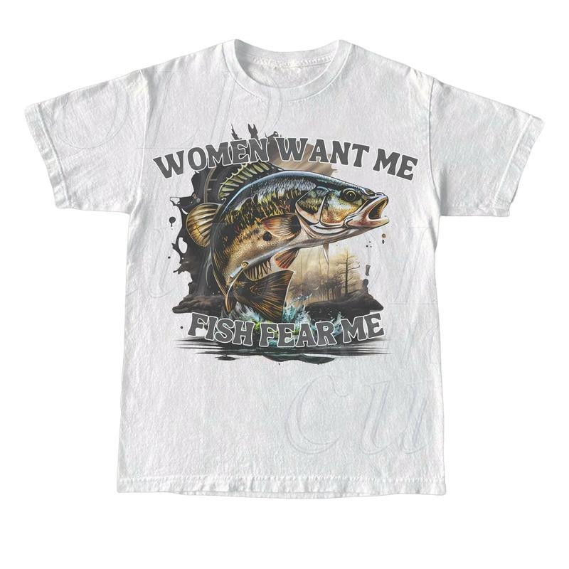 Women Want Me Fish Fear Me Vintage T-Shirt, Sarcastic T Shirt, Retro Drawing T Shirt, Meme T Shirt, Unisex Tee, Fisher Shirt, Fisher Gifts Menswear Top Underwear Tshirt Streetwear Tropical