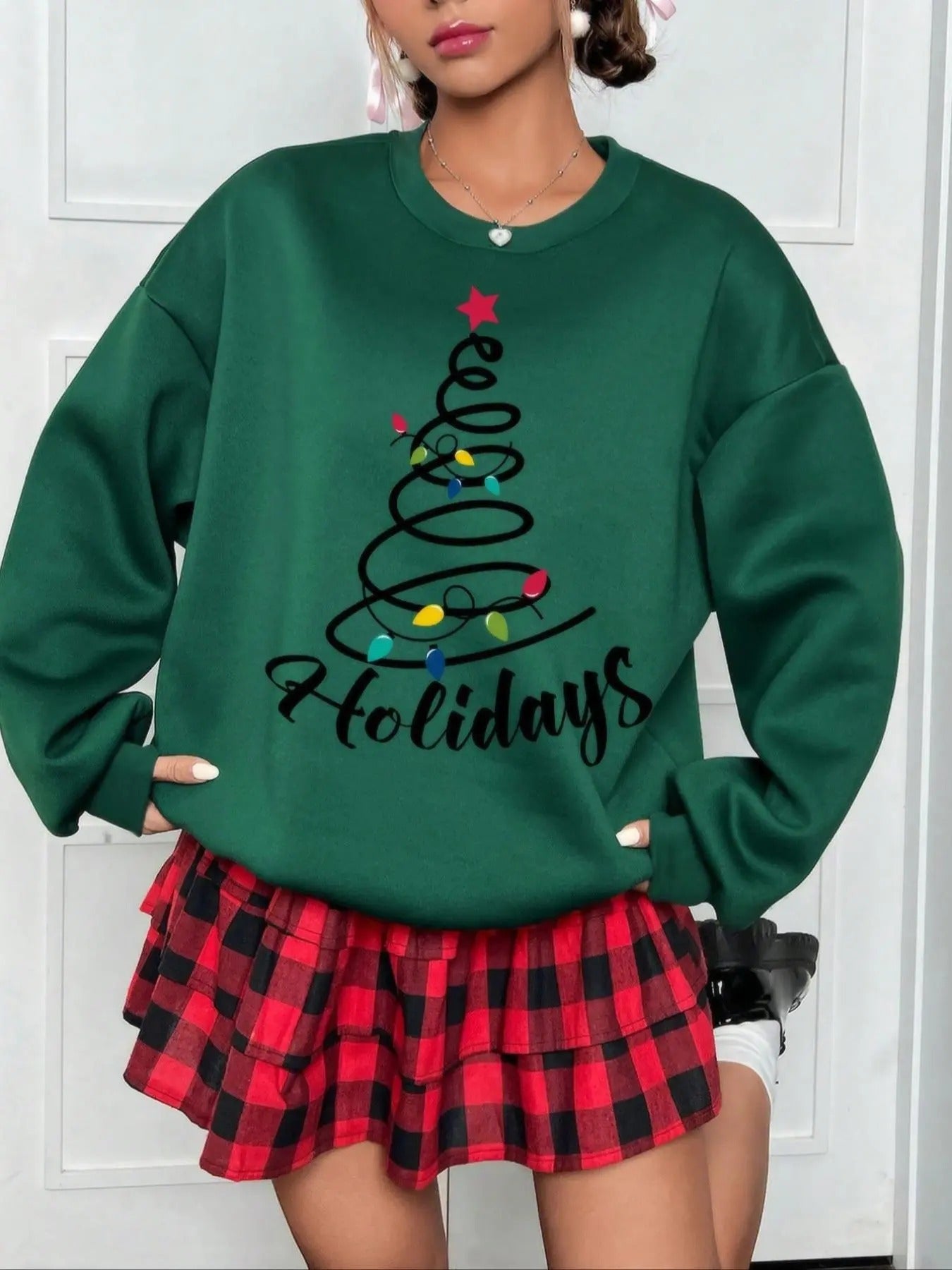 Women's Christmas Tree Print Drop Shoulder Sweatshirt, Casual Long Sleeve Round Neck Pullover for Fall & Winter, Ladies...