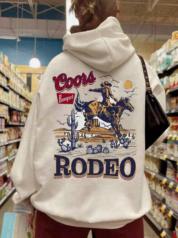 Women's Coors Letter & Cowboy Print Drop Shoulder Hoodie, Western Style Drawstring Pocket Hooded Sweatshirt for Daily Holiday Outdoor Wear, Casual Lad