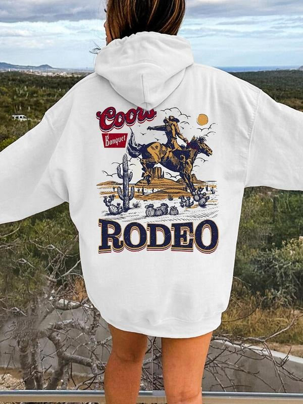 Women's Coors Letter & Cowboy Print Drop Shoulder Hoodie, Western Style Drawstring Pocket Hooded Sweatshirt for Daily Holiday Outdoor Wear, Casual Lad