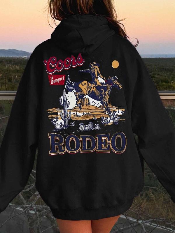Women's Coors Letter & Cowboy Print Drop Shoulder Hoodie, Western Style Drawstring Pocket Hooded Sweatshirt for Daily Holiday Outdoor Wear, Casual Lad
