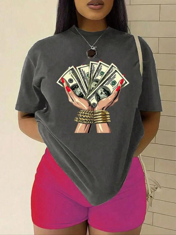 Women's Graphic Round Neck Drop Shoulder Tee, Fashion Casual Crew Neck T-shirt for Daily Holiday Vacation Outdoor Wear,...