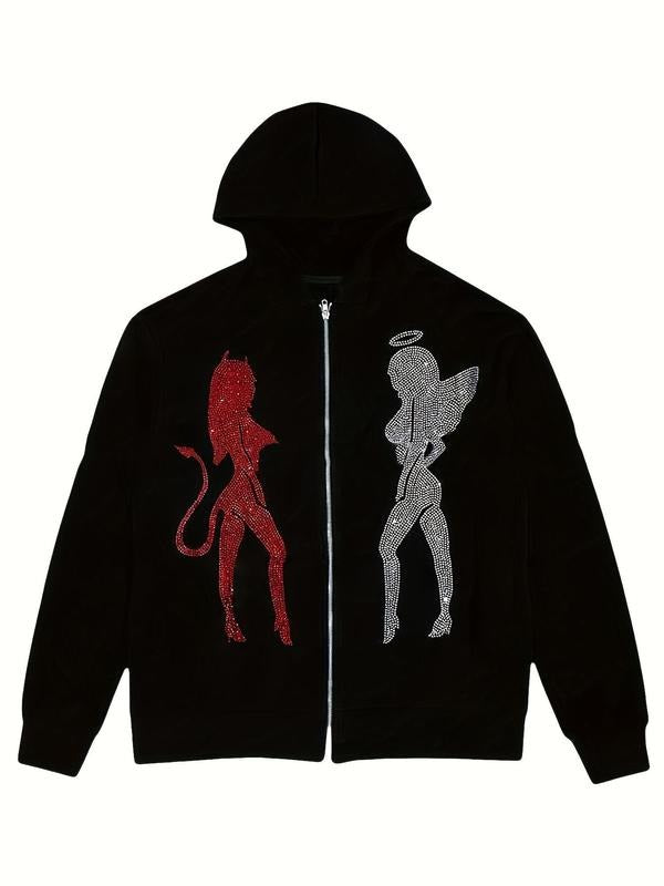 Women's Rhinestone Graphic Zip up Drop Shoulder Hoodie, Fashion Casual Comfort Hooded Longsleeves Outerwear for Daily...