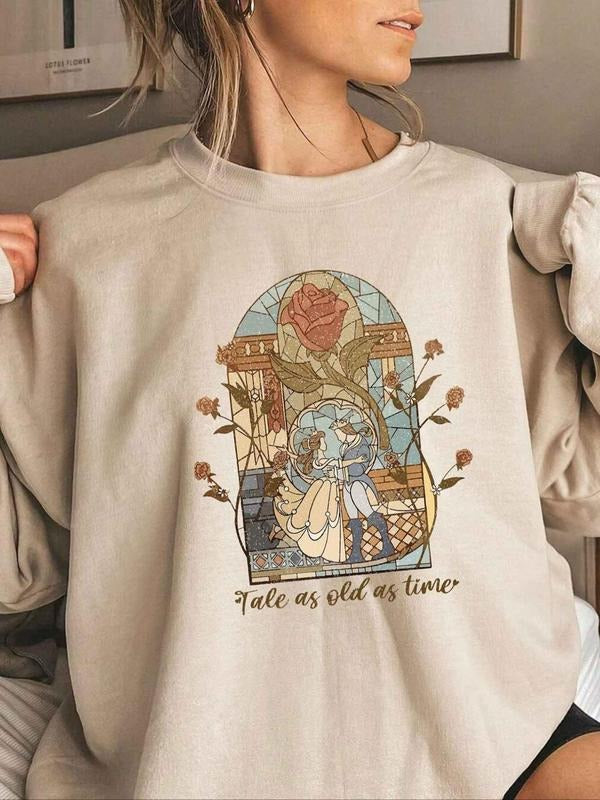 Women's Vintage Rose & Letter Print Drop Shoulder Sweatshirt, Casual Long Sleeve Round Neck Pullover for Daily Wear,...