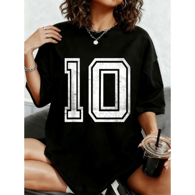 Womenswear Shortsleeve Streetwear Large White Number Ten On Black T Shirt 100% Cotton T-Shirt Casual Top Casual...