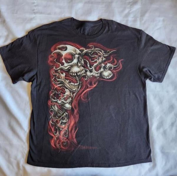 Y2K Gothic Punk Flaming Skulls Biker Grunge Affliction Black Graphic T-Shirt, Skulls Shirt, Unisex T-Shirt, Gift For Men