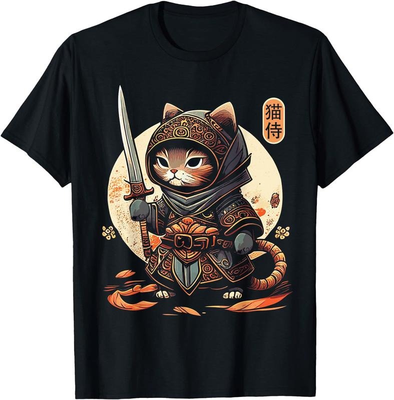 apanese Samurai Cat Tattoo Kawaii Ninja Cat Unisex T-Shirt Sweatshirt Hoodie Crewneck Casual Shortsleeve Tshirt