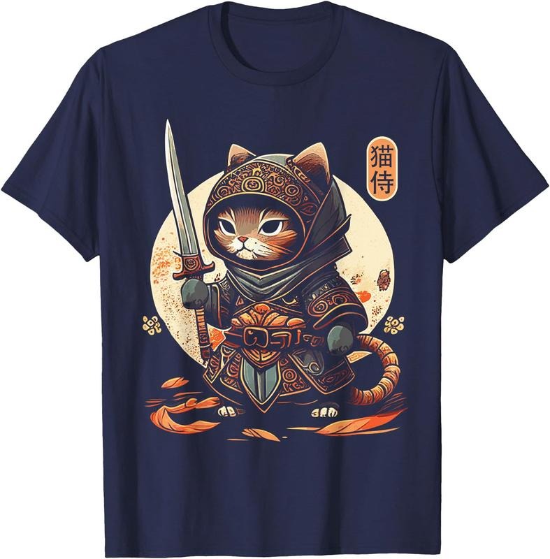 apanese Samurai Cat Tattoo Kawaii Ninja Cat Unisex T-Shirt Sweatshirt Hoodie Crewneck Casual Shortsleeve Tshirt